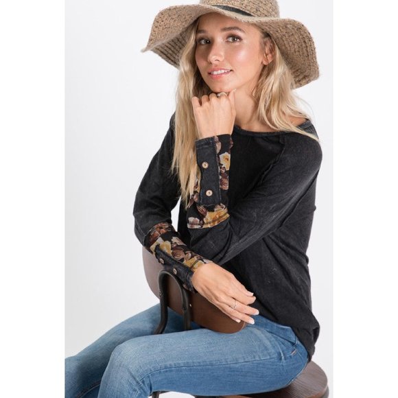 Mineral Wash Long-Sleeve With Floral & Button Detail on Sleeve - Picture 7 of 9